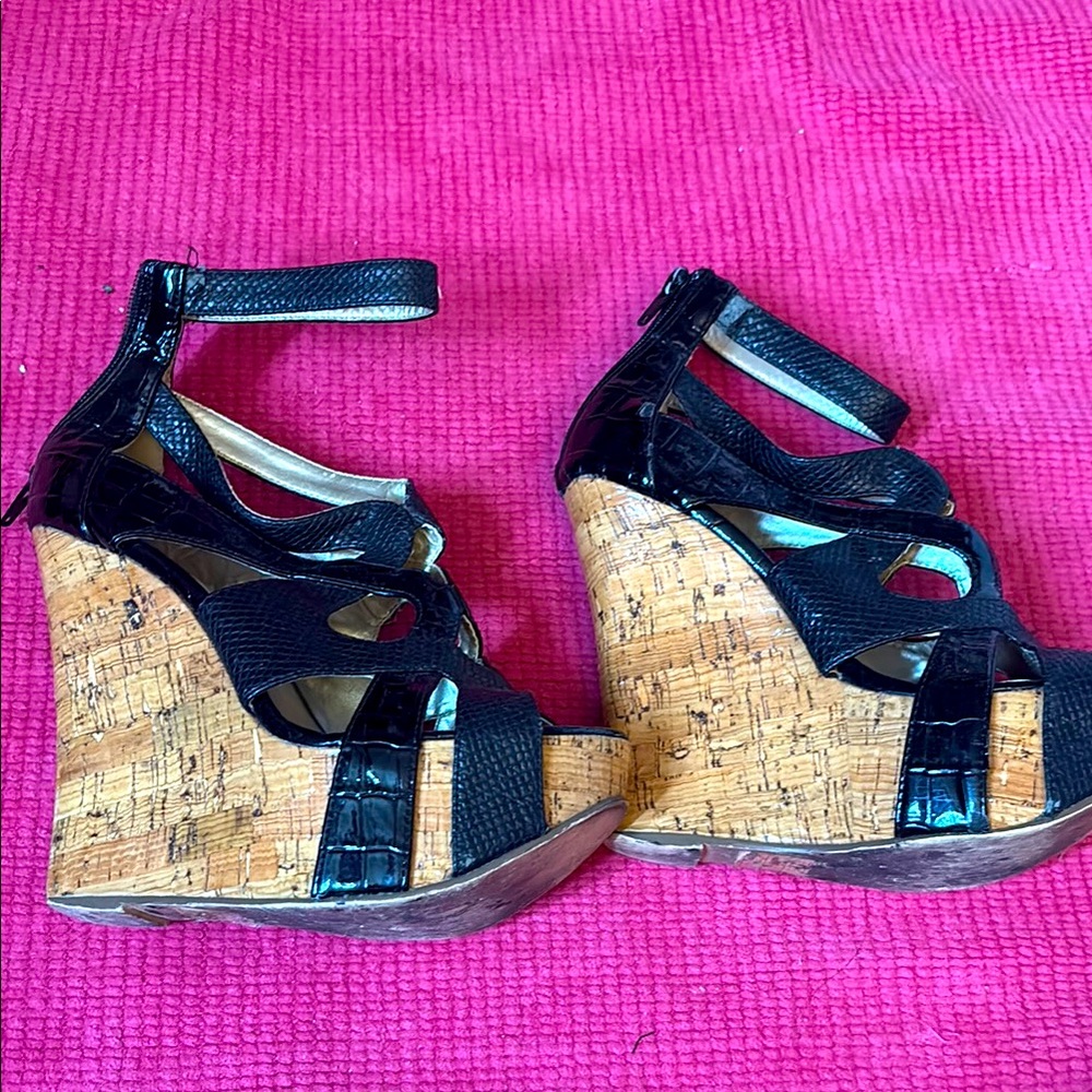 Bebe Elegant Black Wedge Sandals with Cork Heel